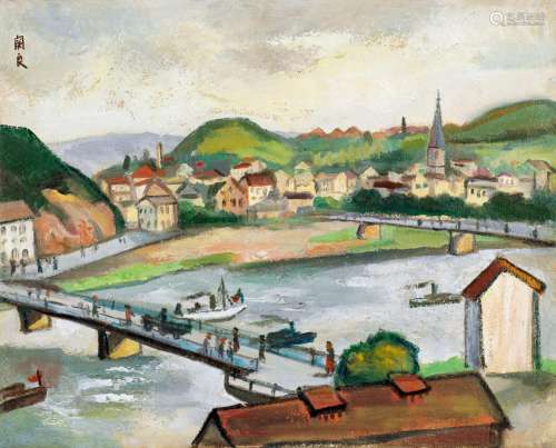 关良（1900～1986） 1957年作 易北河畔 布面 油画