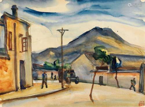 倪贻德（1901～1970） 1950年作 小城街头的蓝天 纸本 水彩
