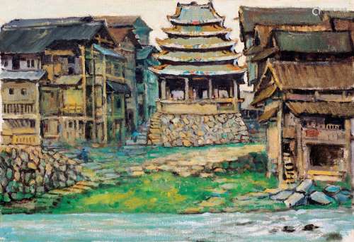 涂克（1916～2012） 1982年作 侗乡遗冈-鼓楼 纸本 油画