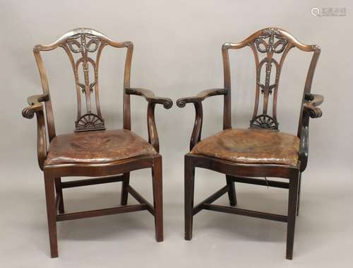 PAIR OF CHIPPENDALE STYLE MAHOGANY ARMCHAIRS, the pierced sp...