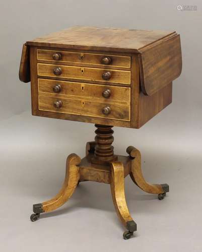 A 19TH CENTURY MAHOGANY WORK TABLE, the drop flap top above ...