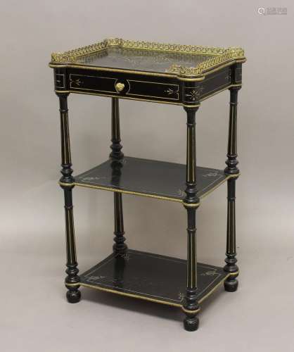 A LATE 19TH CENTURY FRENCH EBONISED THREE TIER ETAGERE, the ...