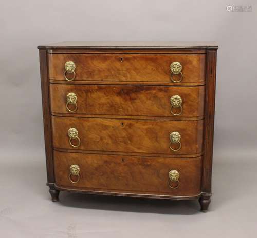 AN EARLY 19TH CENTURY MAHOGANY CHEST OF DRAWERS, of bow-fron...