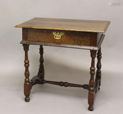 A 17TH CENTURY OAK SIDE TABLE, the rectangular top above sin...