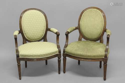 A NEAR PAIR OF FRENCH LOUIS XVI ARMCHAIRS. Two similar Frenc...