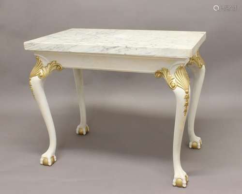 A MARBLE TOPPED CONSOLE TABLE, 20th century, the painted bas...