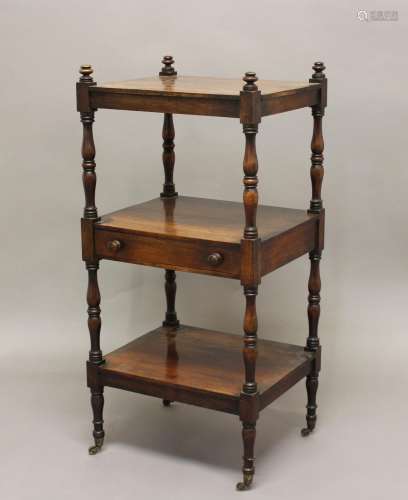 A 19TH CENTURY ROSEWOOD THREE TIER WHATNOT, on turned suppor...