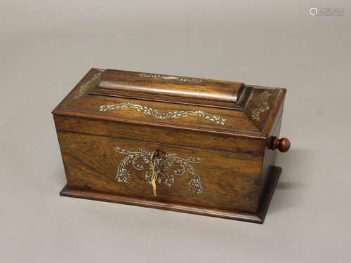 A REGENCY ROSEWOOD AND MOTHER OF PEARL INLAID TEA CADDY. A s...