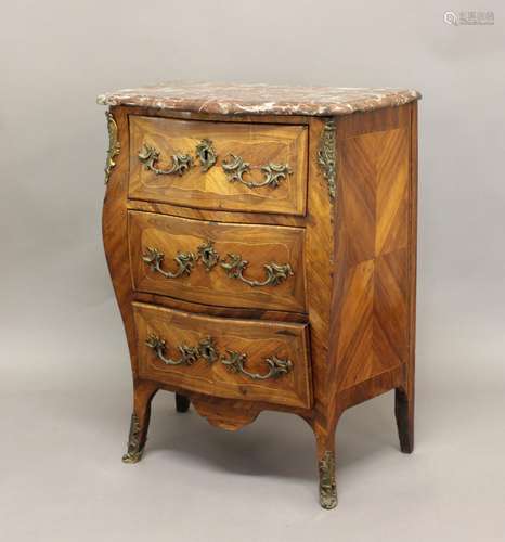 A LOUIS XV STYLE BOMBÉ MARBLE-TOPPED COMMODE, the pink marbl...