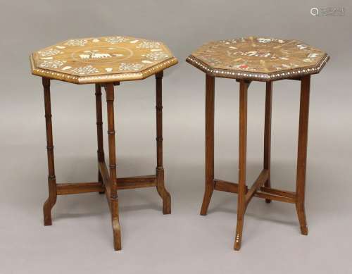 TWO INDIAN OCTAGONAL SIDE TABLES, the tops with elephant sce...
