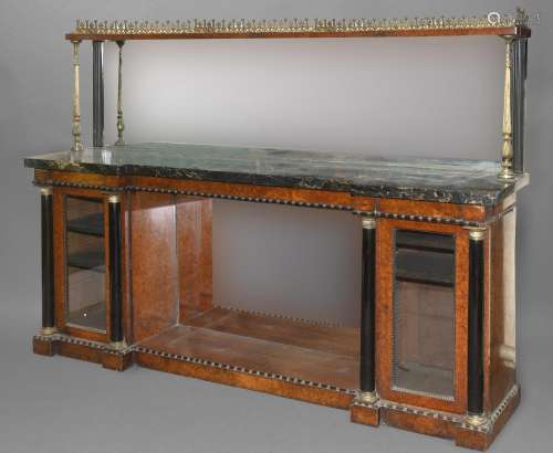 A 19TH CENTURY FRENCH MARBLE TOPPED SIDEBOARD. The veined bl...