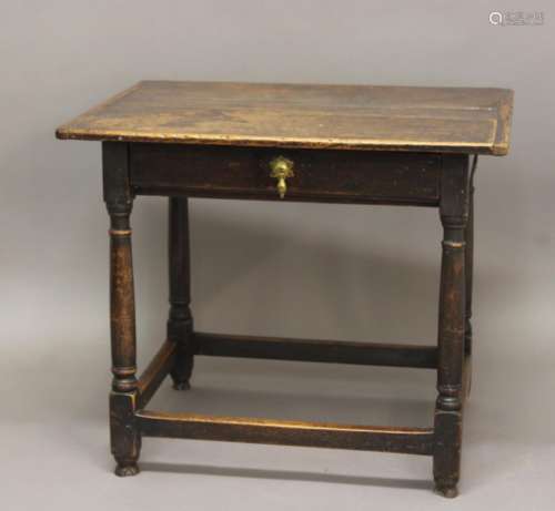 A LATE 17TH CENTURY OAK SIDE TABLE. A rectangular topped sid...