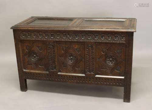 A 17TH CENTURY OAK COFFER, probably West Country, the two pa...