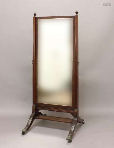 19TH CENTURY MAHOGANY CHEVAL MIRROR, the plate flanked by re...