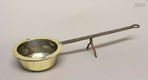 A LATE 18TH IRON AND BRASS DOWNHEARTH SAUCEPAN. A circular b...