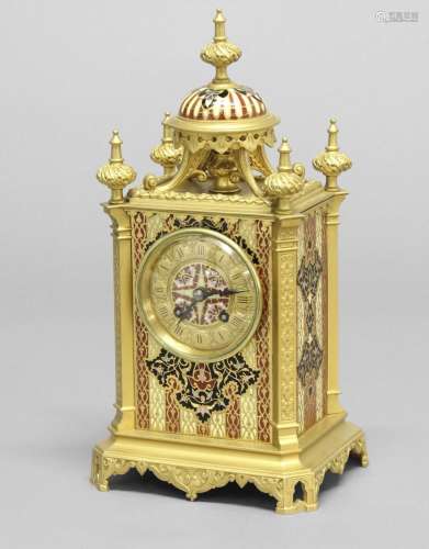 A VICTORIAN GILT BRASS AND ENAMEL MANTLE CLOCK. A decorative...
