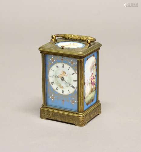 A 19TH CENTURY FRENCH PORCELAIN MOUNTED CARRIAGE CLOCK. A br...