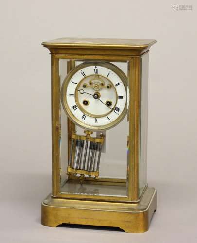 A 19TH CENTURY FRENCH FOUR GLASS MANTLE CLOCK. A gilt brass ...