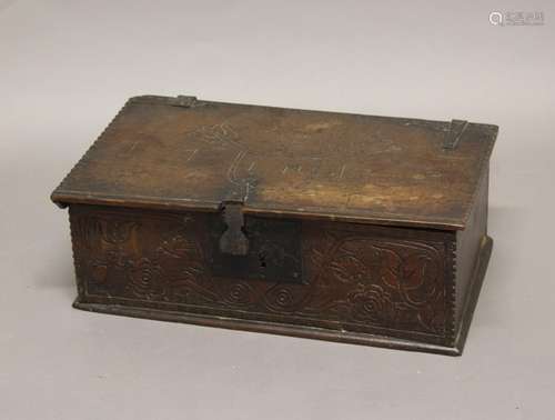 EARLY 18TH CENTURY OAK BIBLE BOX, the top initialled T.M, da...