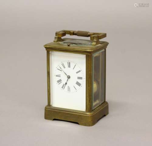 A 19TH CENTURY FRENCH BRASS CASED REPEATING CARRIAGE CLOCK. ...