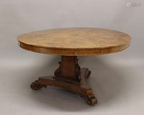 A WILLIAM IV BURR OAK BREAKFAST TABLE. The circular top with...