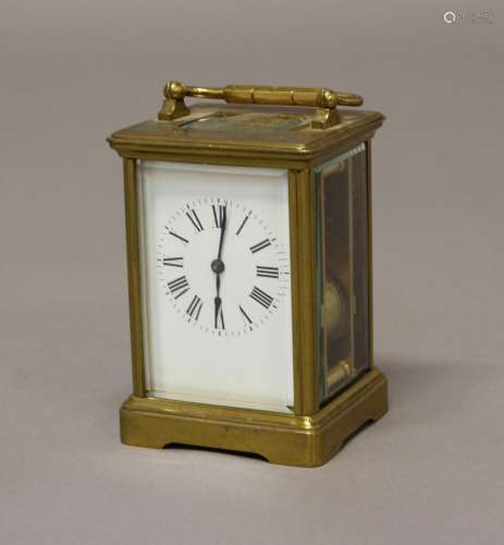 A 19TH CENTURY FRENCH BRASS CASED CARRIAGE CLOCK. A brass ca...