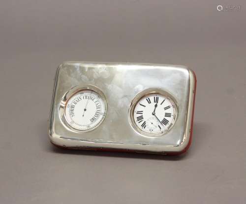 AN EDWARDIAN SILVER MOUNTED DESK CLOCK AND BAROMETER. Compri...
