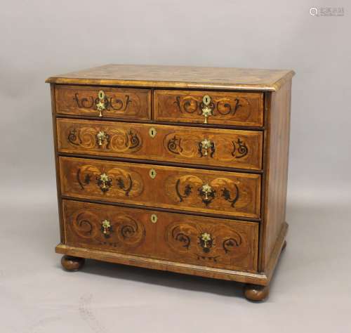 AN 18TH CENTURY WALNUT MARQUETRY CHEST OF DRAWERS, the recta...