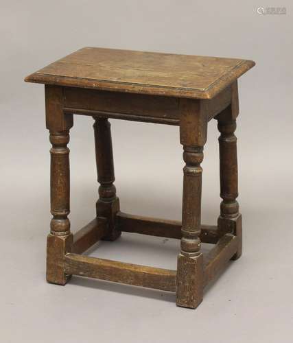 17TH CENTURY OAK JOINT STOOL, the rectangular top on turned ...