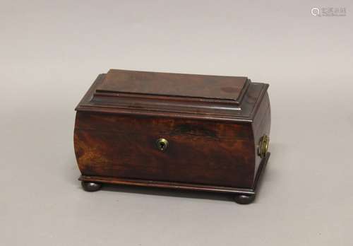 A REGENCY MAHOGANY TEA CADDY, with stepped sarcophagus top o...