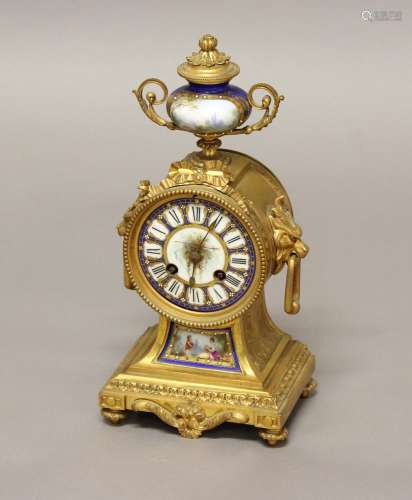 A 19TH CENTURY FRENCH GILT & PORCELAIN MOUNTED MANTEL CLOCK,...