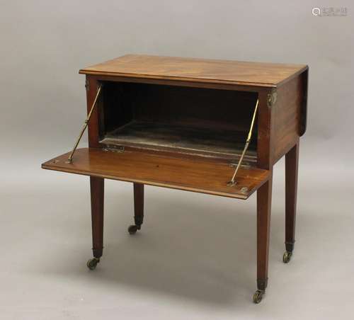 A 19TH CENTURY MAHOGANY DROP FLAP TABLE, with fall front enc...