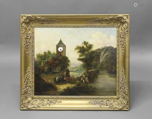 A 19TH CENTURY LANDSCAPE WITH INTEGRAL CLOCK. The painting a...