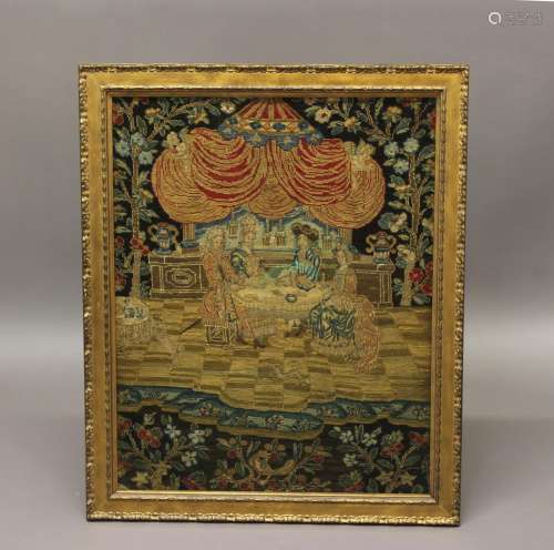 A 17TH CENTURTY NEEDLEWORK/TAPESTRY PANEL. A tapestry panel ...