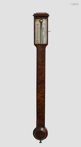 A 19TH CENTURY MAHOGANY STICK BAROMETER, the silvered dial s...