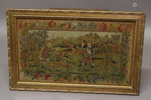 A 17th CENTURY NEEDLEWORK/TAPESTRY PANEL. A needlework and t...