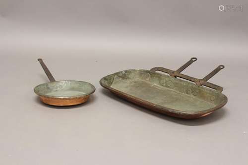 A VICTORIAN COPPER FRYING PAN AND SIMILAR DRIP PAN. A Victor...