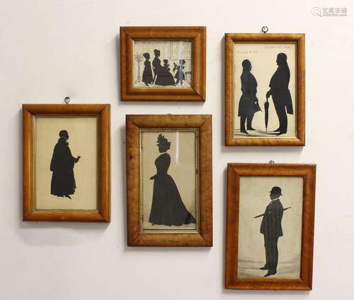 A COLLECTION OF FIVE VICTORIAN MAPLE FRAMED SILHOUETTES. A c...