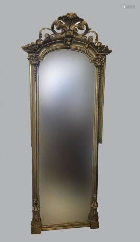 A 19TH CENTURY PIER MIRROR WITH MARBLE TOPPED BASE. A tall p...