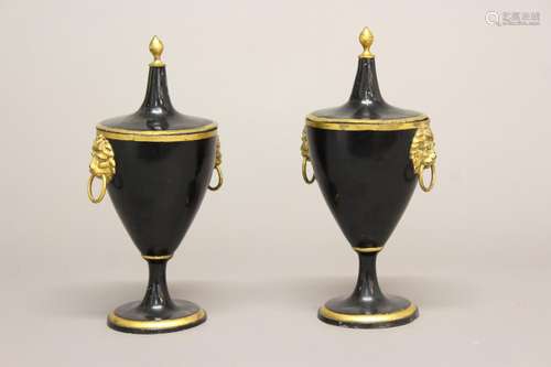 A PAIR OF REGENCY TOLE WARE CHESTNUT URNS. A pair of early 1...