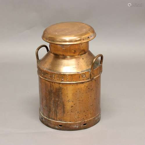 A COPPER MILK CHURN, by United Dairies Ltd, 52cm high