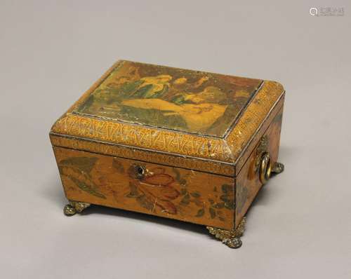 AN EARLY 19TH CENTURY LACQUERED WORK OR SEWING BOX, the top ...