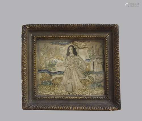 A 17TH CENTURY STUMP WORK PICTURE OF A LADY IN A LANDSCAPE. ...