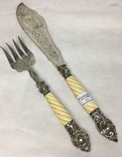 SILVER AND IVORY HANDLE KNIFE AND FORK ,KNIFE L 36.2CM ,FORK...