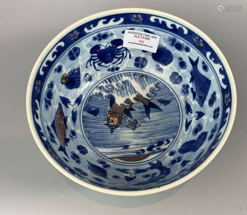 LARGE CHINESE BLUE AND WHITE WITH COPPER RED PORCELAIN BOWL ...