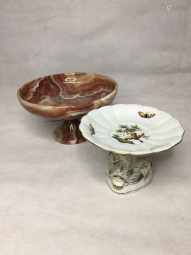 TWO HIGH FOOT FRUITE BOWL ,INCLUDING MARBLE ONE AND PORCELAI...