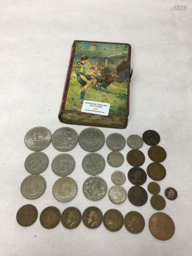 A  METAL BOX AND VARIOUS COINS