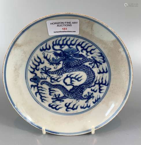 CHINESE BLUE AND WHITE HAND PAINTED DRAGON DISH,D 16.5CM