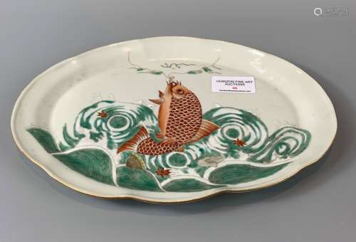 CHINESE FAMILLE VERTE HAND PAINTED FISH TRAY ,L 25.5CM ,D 8C...