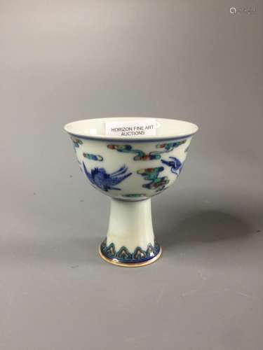 A CHINESE DOUCAI HIGH FOOT WINE CUP ,HAND PAINTED CRANE AND ...